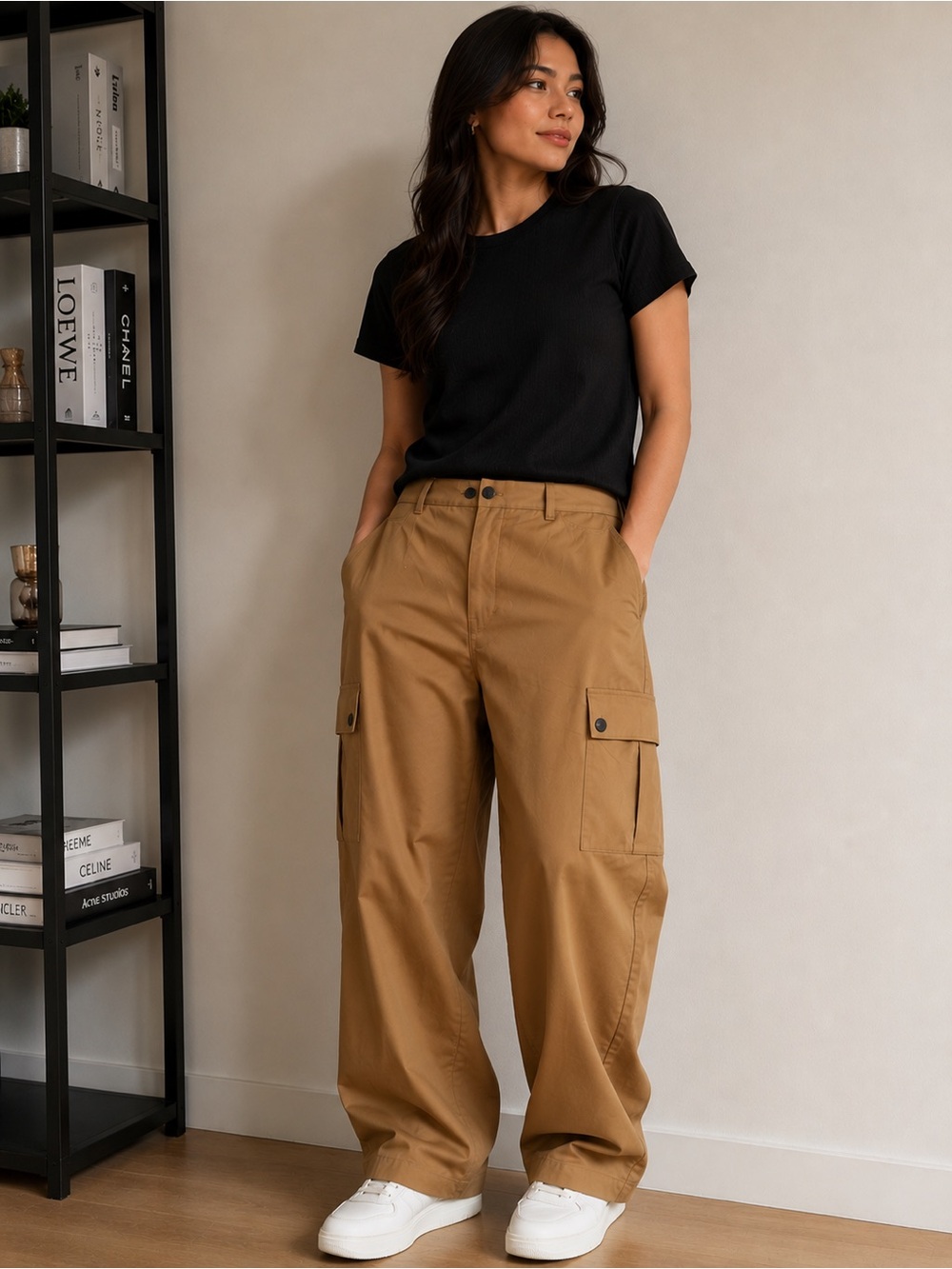 Noisy May Cargo Wide-Leg Pants in Tan